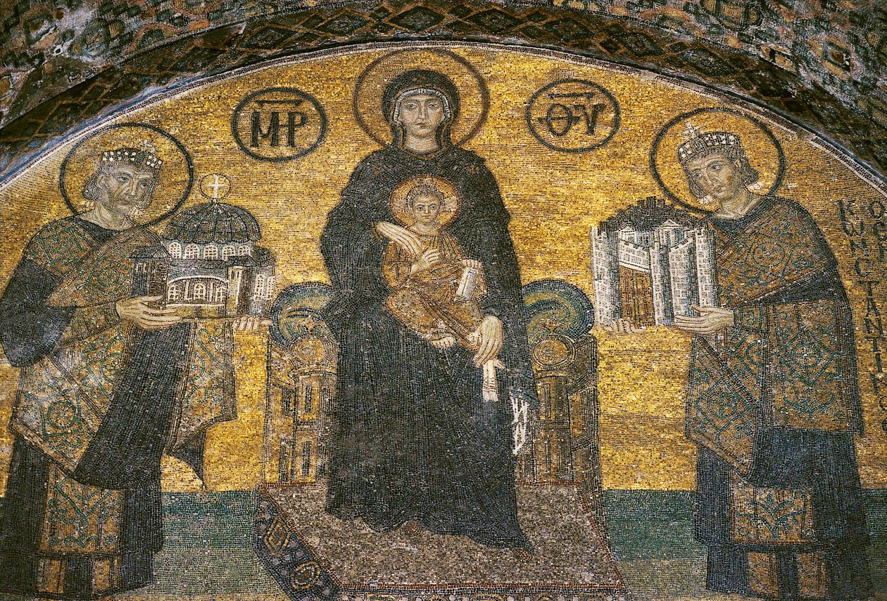 Jungfrau und Kind zwischen den Kaisern Justinian und Konstantin in der Hagia Sophia (Mosaik) von Byzantine
