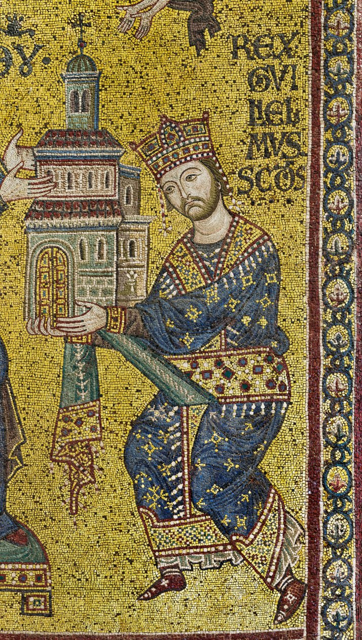 Querschiff: das byzantinische Mosaik, das König Wilhelm II. darstellt, der der Jungfrau Maria die Kathedrale anbietet, Detail von Byzantine