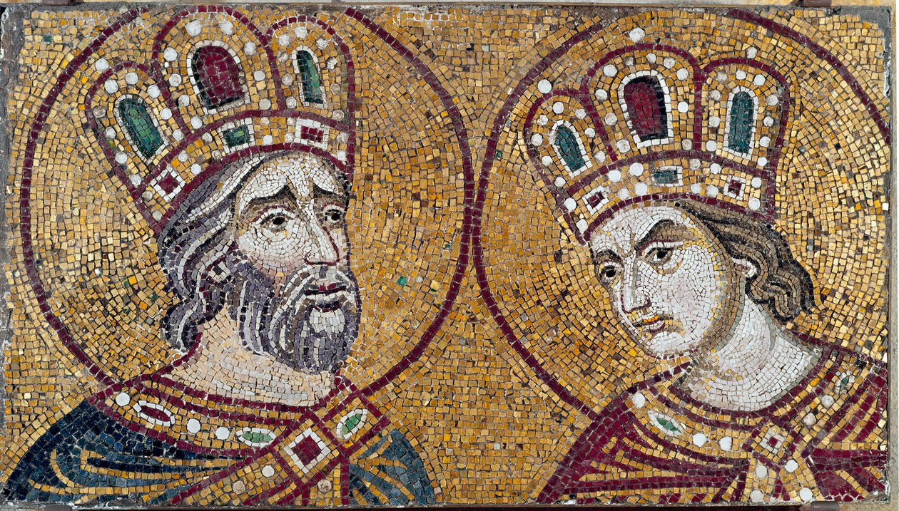 Der römische Kaiser Konstantin I. mit seiner Mutter, der Heiligen Helena (Mosaikdetail) von Byzantine Byzantine