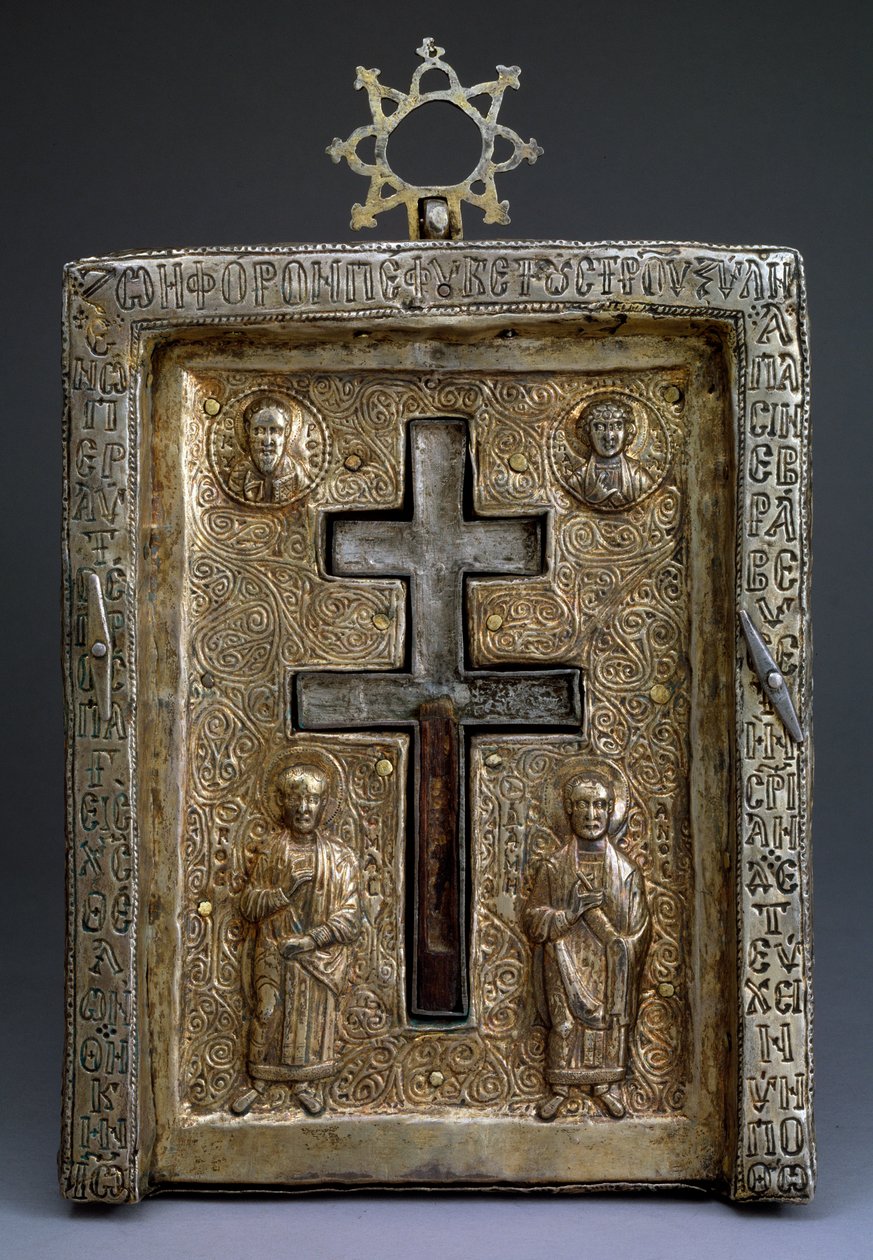 Vergoldetes Silber-Staurothek-Kreuz-Reliquiar, Byzantinisch, 12. Jahrhundert von Byzantine Byzantine