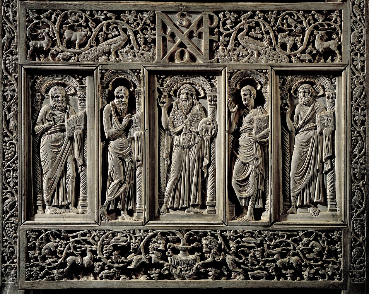 Byzantinische Kunst: „Johannes der Täufer und die vier Evangelisten“ unteres Detail des Bischofsstuhls von Ravenna Maximien (546-554) Bischofsthron (Kathedra) aus Elfenbein, wahrscheinlich in Konstantinopel hergestellt. Ravenna, Museo Arcivescovile von Byzantine School