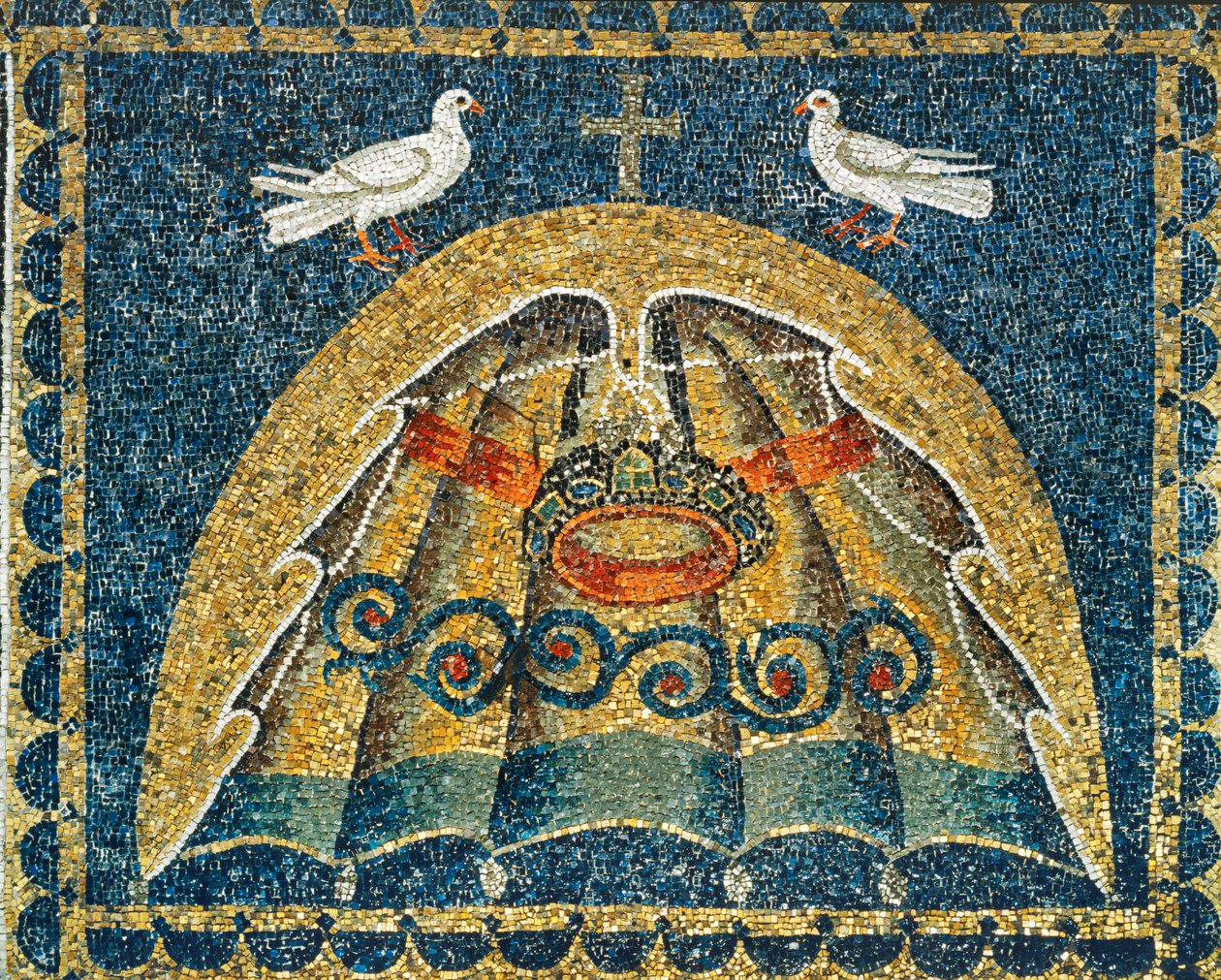 Umbraculum, Teil der päpstlichen Insignien, in Form einer Muschel mit Tauben als Zeichen des Friedens von Byzantine School
