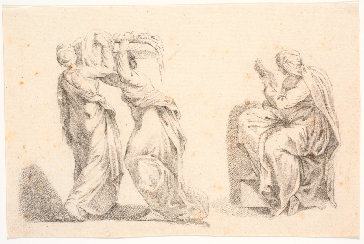 Zwei Frauen in klassischen Gewändern, die einen Korb tragen, sowie eine Sibylle nach Michelangelo von C.A. Lorentzen