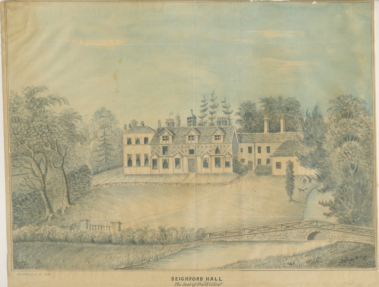 Seighford Hall (kolorierte Waschzeichnung) von C.B Ash