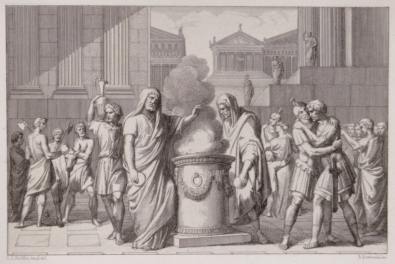 Das Treffen von Camillus und Manlius nach dem Rückzug der Gallier, graviert von B.Barloccini, 1849 von C.C Perkins