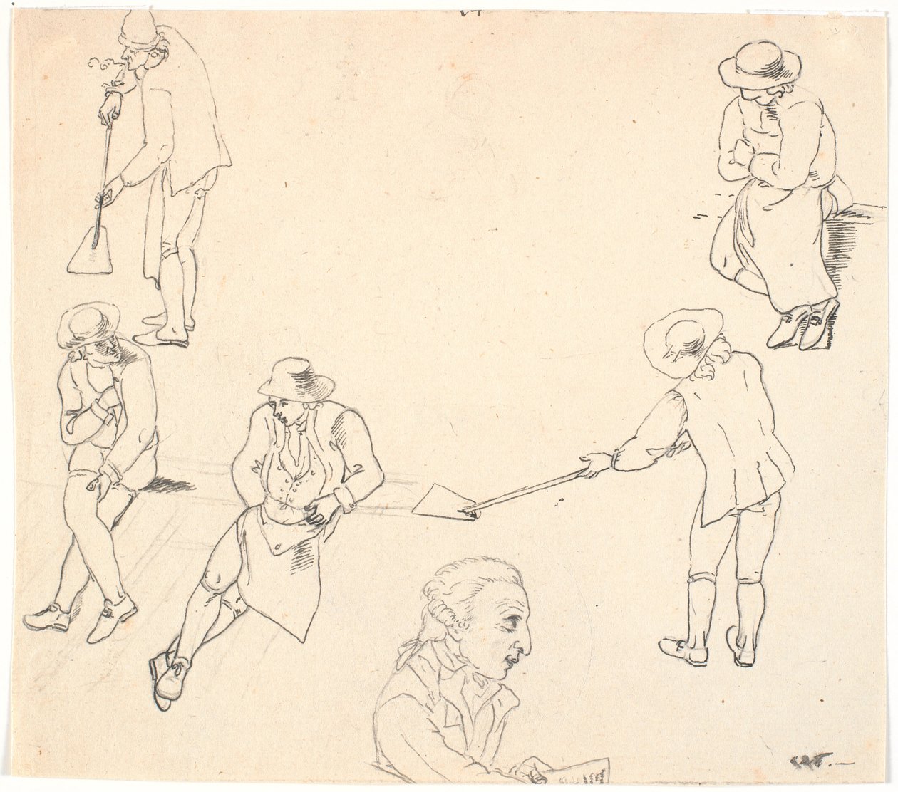 Skizze mit sechs männlichen Figuren, zwei mit Schaufeln, drei sitzend, sowie ein Männerprofil von C.D. Fritzsch