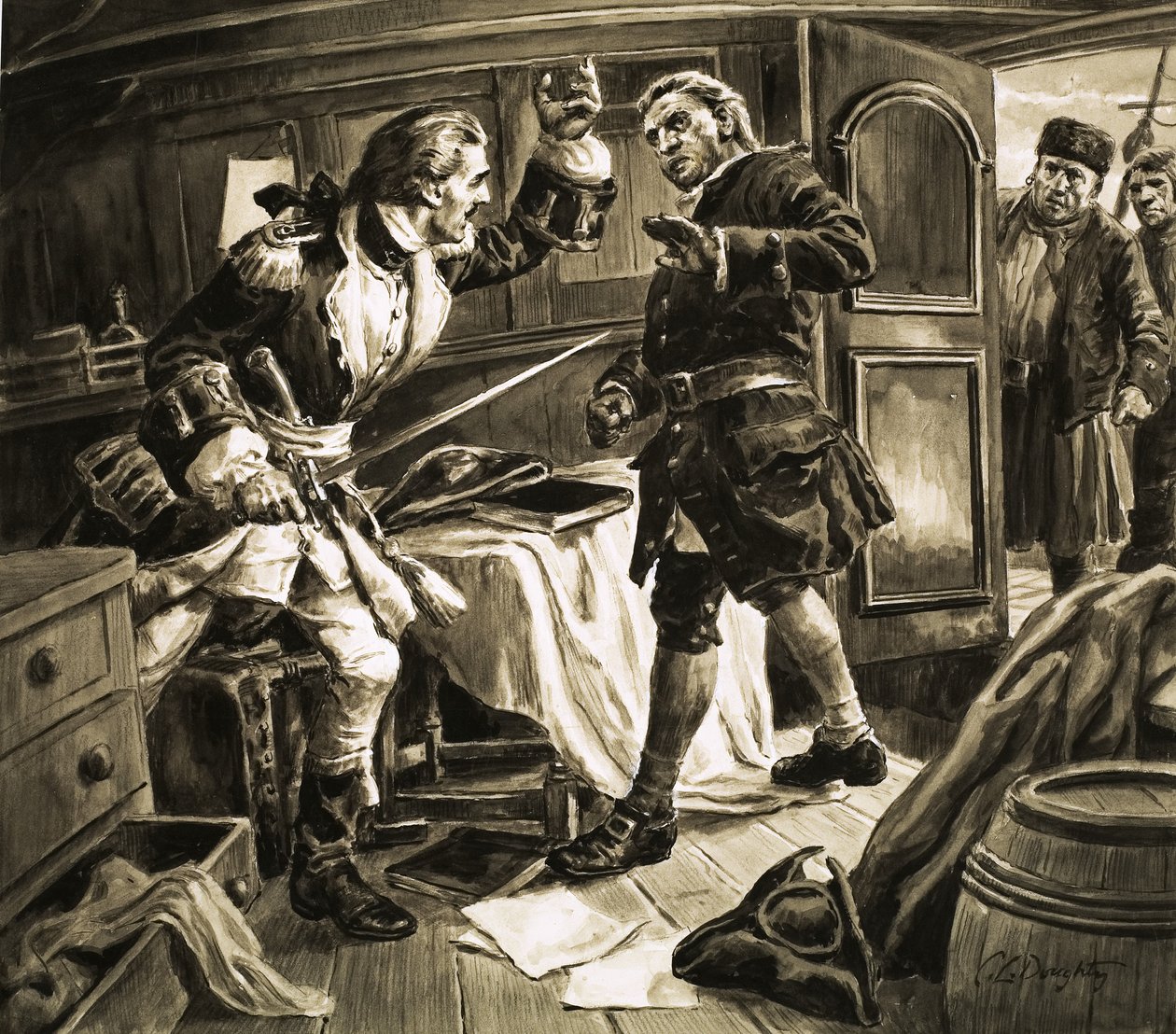 Mit dem Schwert in der Hand stürzte sich der spanische Küstenwache-Kapitän auf Kapitän Jenkins. von C.L. Doughty