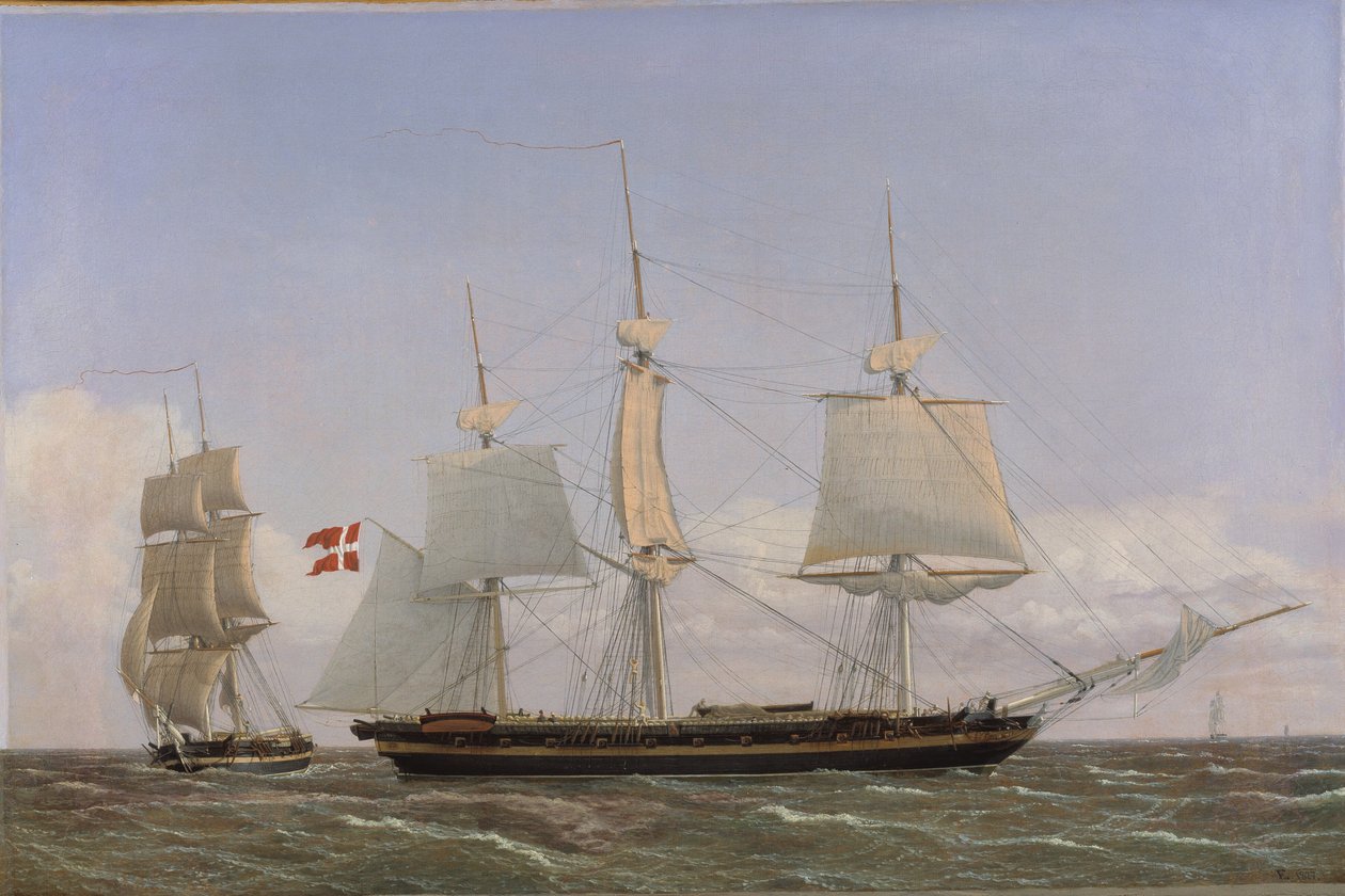 Eine dänische Korvette legt an, um mit einer dänischen Brigg zu konferieren: Die Szene spielt in westindischen Gewässern von Christoffer Wilhelm Eckersberg