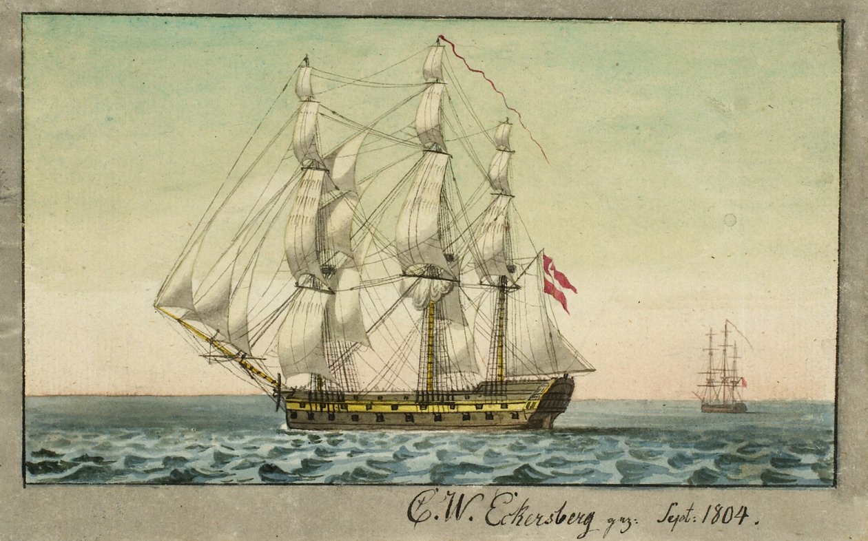 Ein dänisches Kriegsschiff unter Segeln, von der Leeseite gesehen von Christoffer Wilhelm Eckersberg