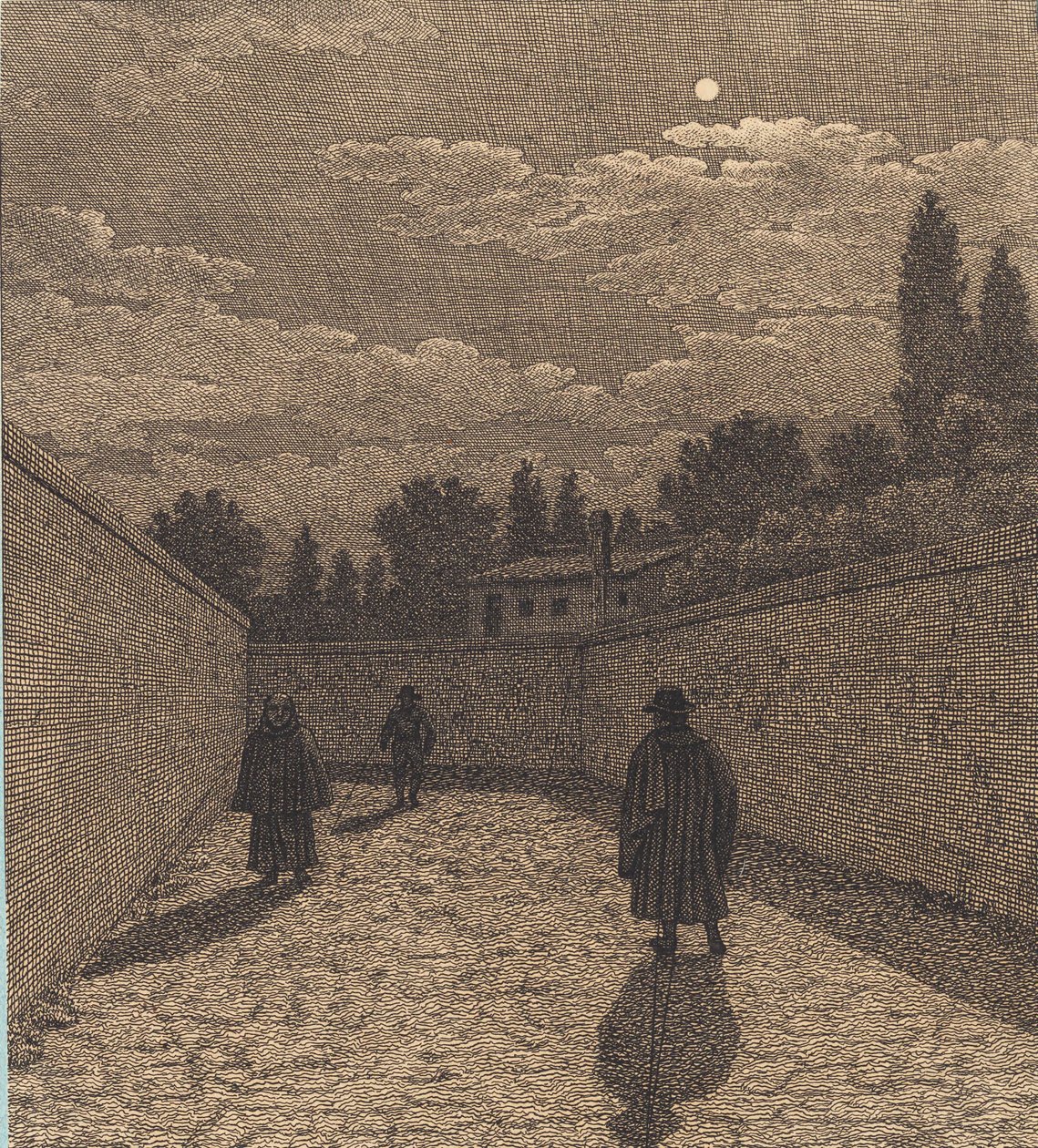 Mondschein über einer Straße mit drei Figuren. Illustration zu "Linearperspectiven", Tafel IV von Christoffer Wilhelm Eckersberg