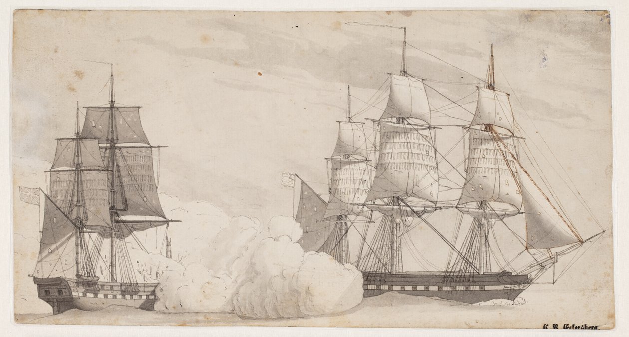 Zwei Kriegsschiffe im Kampf (die englische Fregatte Shannon und die amerikanische Fregatte Chesapeake?) von Christoffer Wilhelm Eckersberg