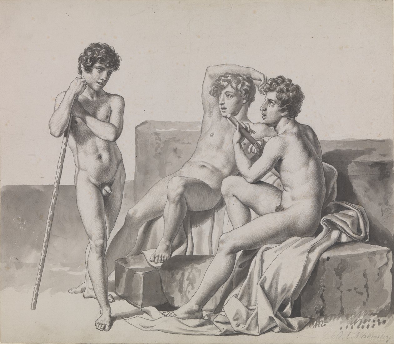 Drei junge nackte Jungen stehend oder sitzend zwischen Felsblöcken von Christoffer Wilhelm Eckersberg