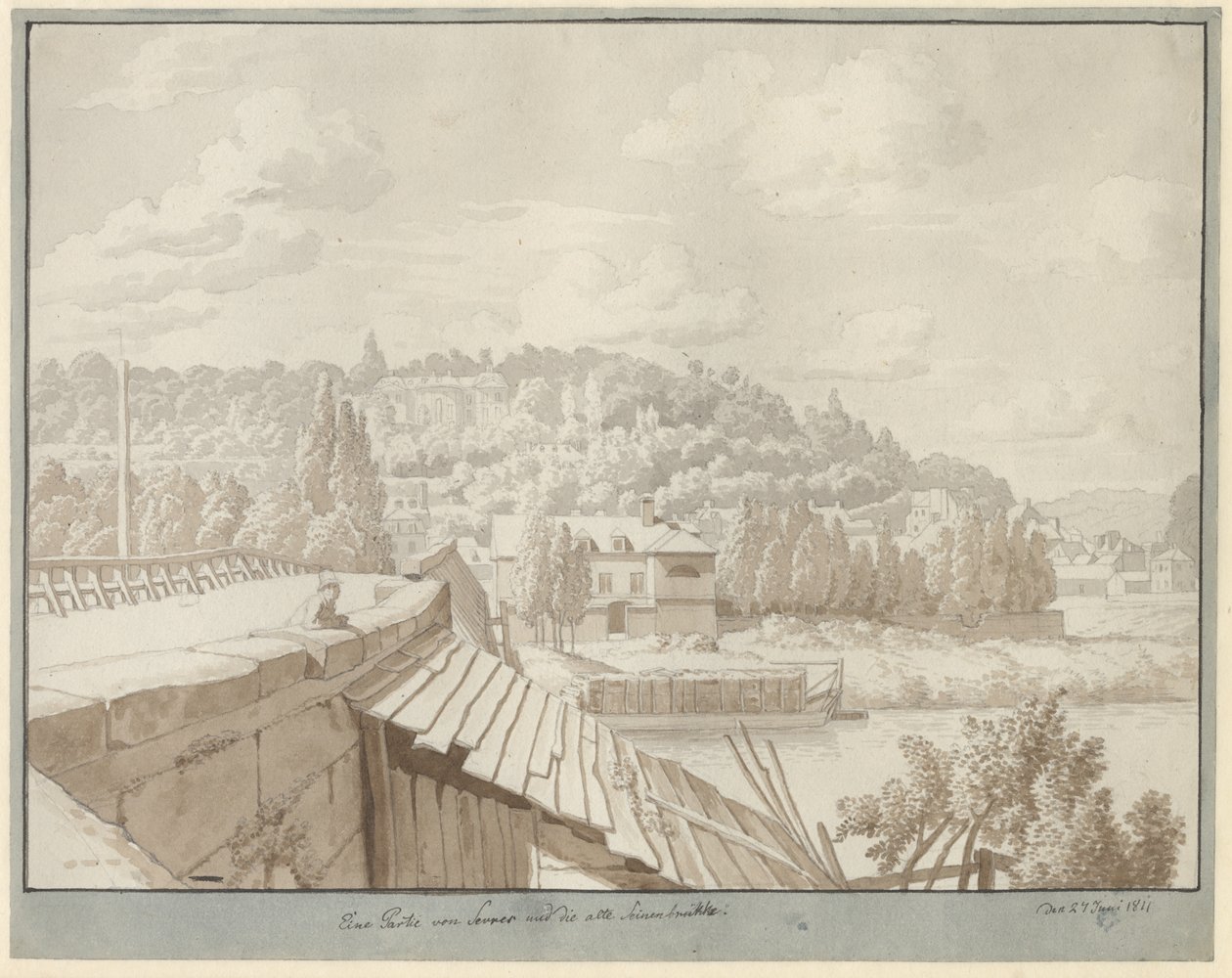 Blick von Sèvres auf die alte Seine-Brücke mit dem Park in Saint Cloud im Hintergrund von Christoffer Wilhelm Eckersberg