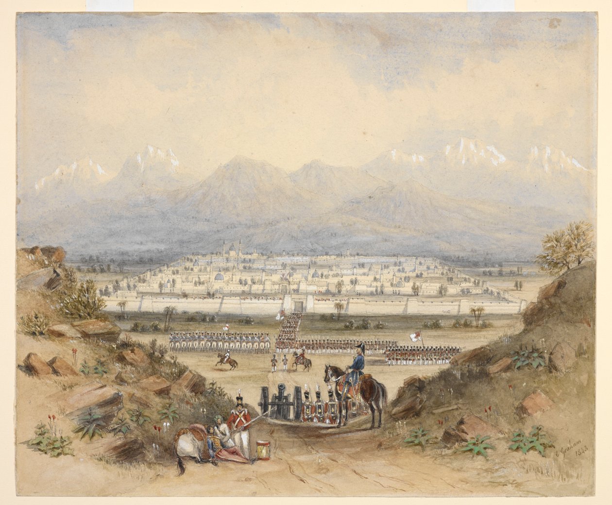 Ein General, der Kavallerie und Infanterie überprüft, die im Begriff sind, eine ummauerte Stadt in bergigem Land zu betreten, vielleicht Kandahar (N.W.F.P.). 1843, nach einer früheren Skizze. von C. Graham