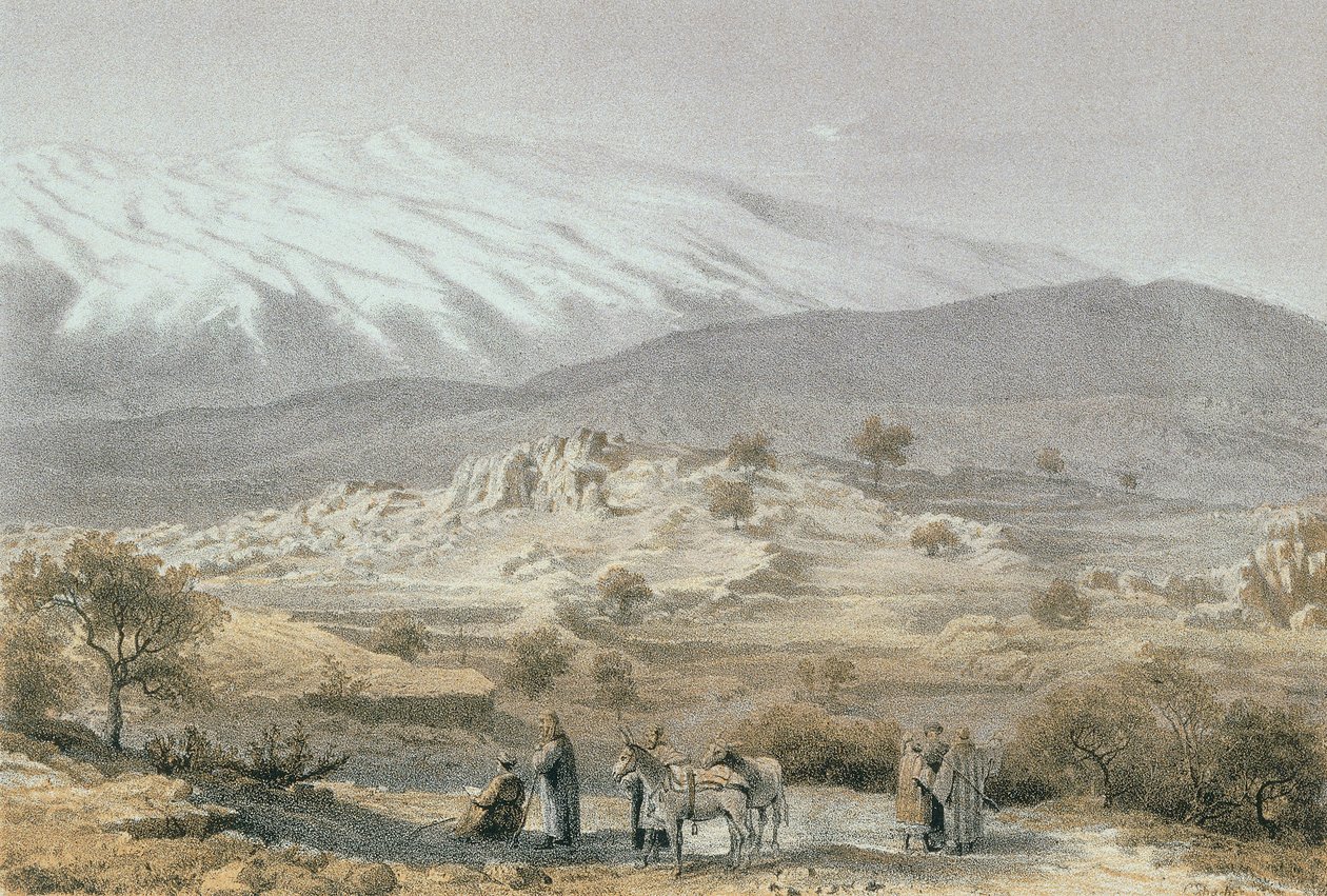 Berg Hermon. Radierung von Schacher - Steinkopk J.F. Editore von C. Schacher