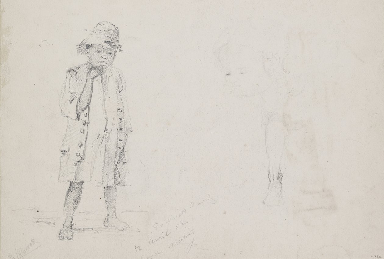 Ganzkörperstudie eines kleinen Jungen mit schwachen Studien seines Gesichts und seines linken Beins von hinten, 1852 von Camille Jacob Pissarro