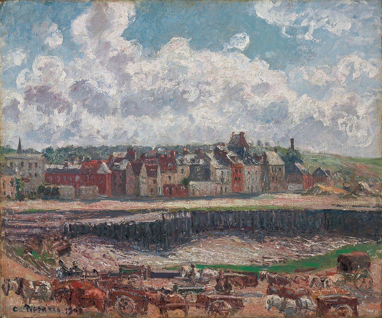 Pferde und Karren vor dem Fischereihafen, Dieppe, bei Ebbe; Chevaux et charrettes devant la darse de pêche, Dieppe, marée basse, 1902 von Camille Jacob Pissarro