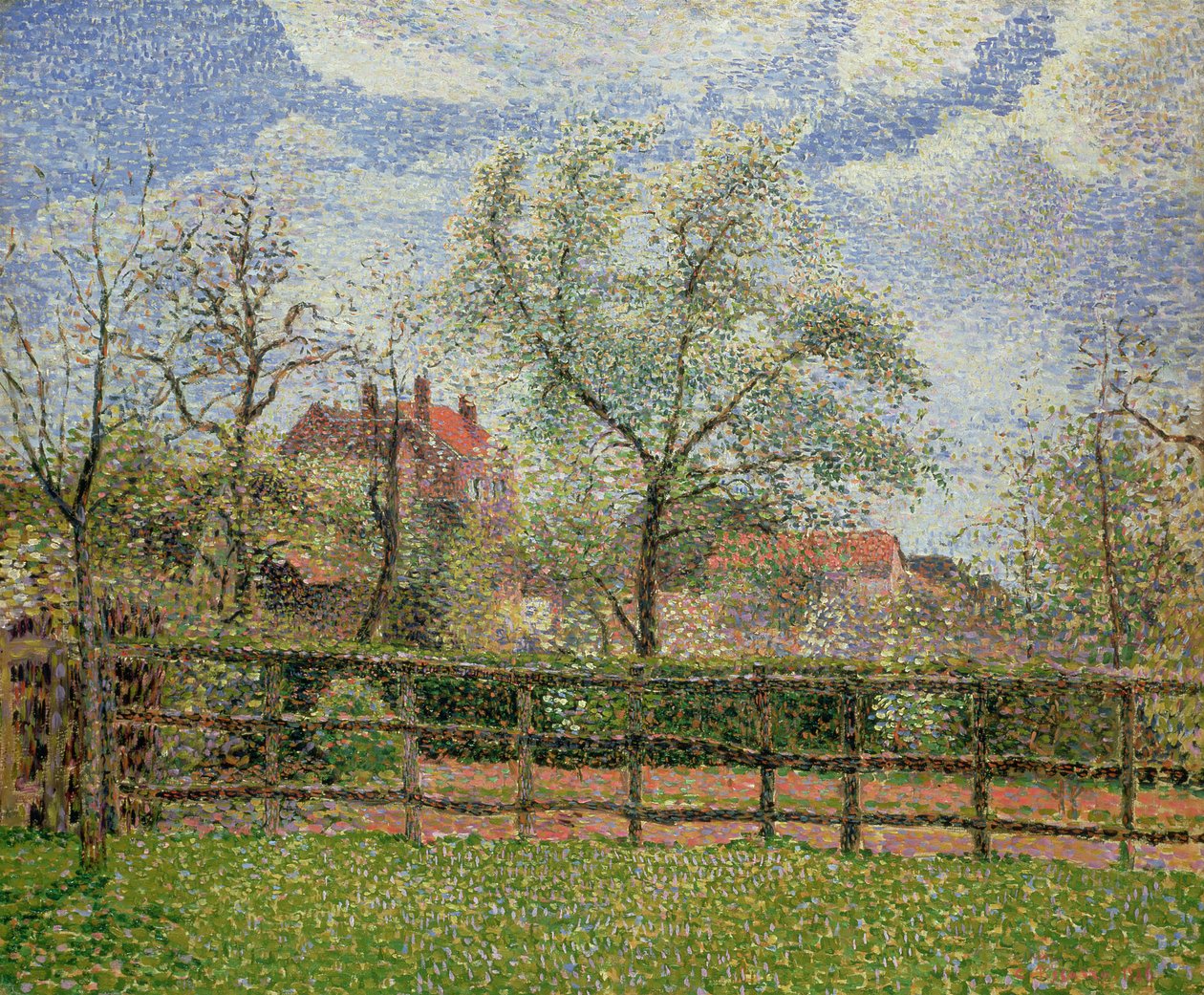 Birnbäume und Blumen in Eragny, Morgen, 1886 von Camille Jacob Pissarro