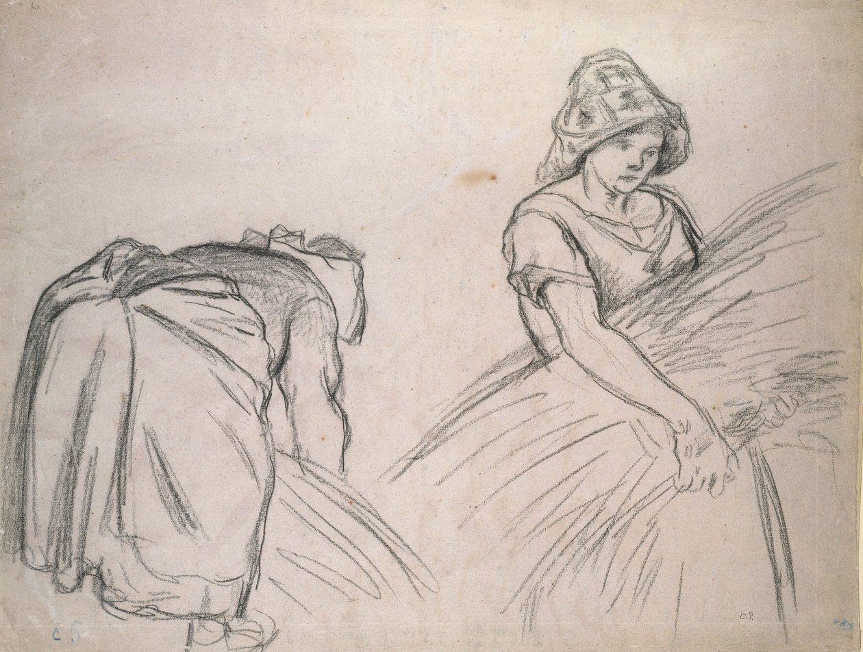 Studie von zwei weiblichen Erntehelfern, 1882 (schwarze Kreide auf rosa Papier mit Weiß) von Camille Jacob Pissarro