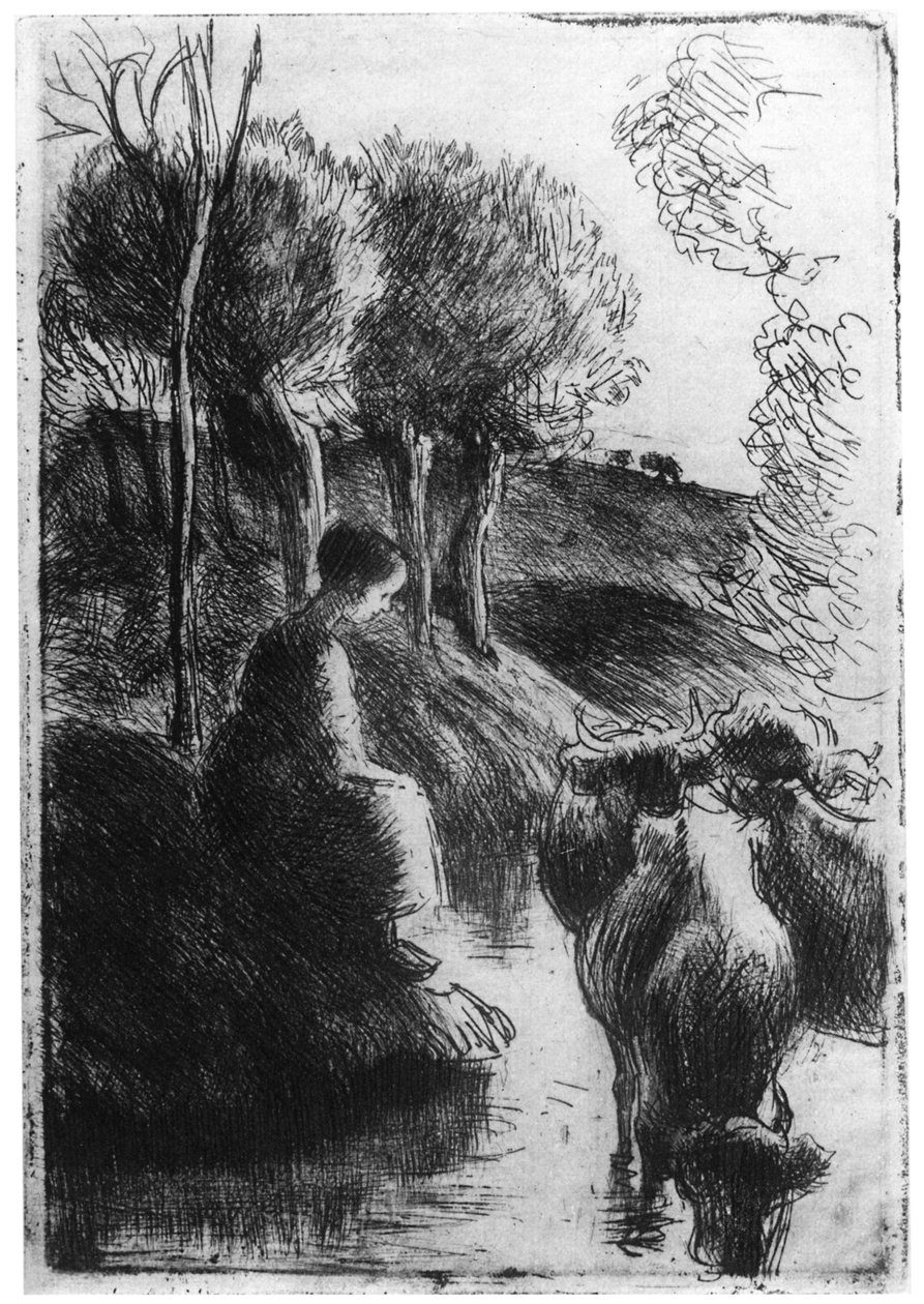Vachere au Bord de Leau, Kuhhirtin am Wasser, ca. 1850-1900, 1924 von Camille Jacob Pissarro