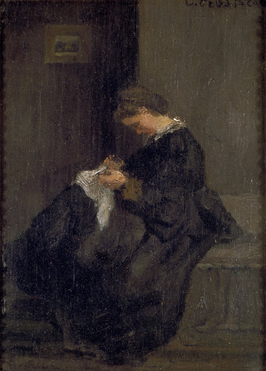Mme Pissarro beim Nähen, ca. 1860 von Camille Pissarro