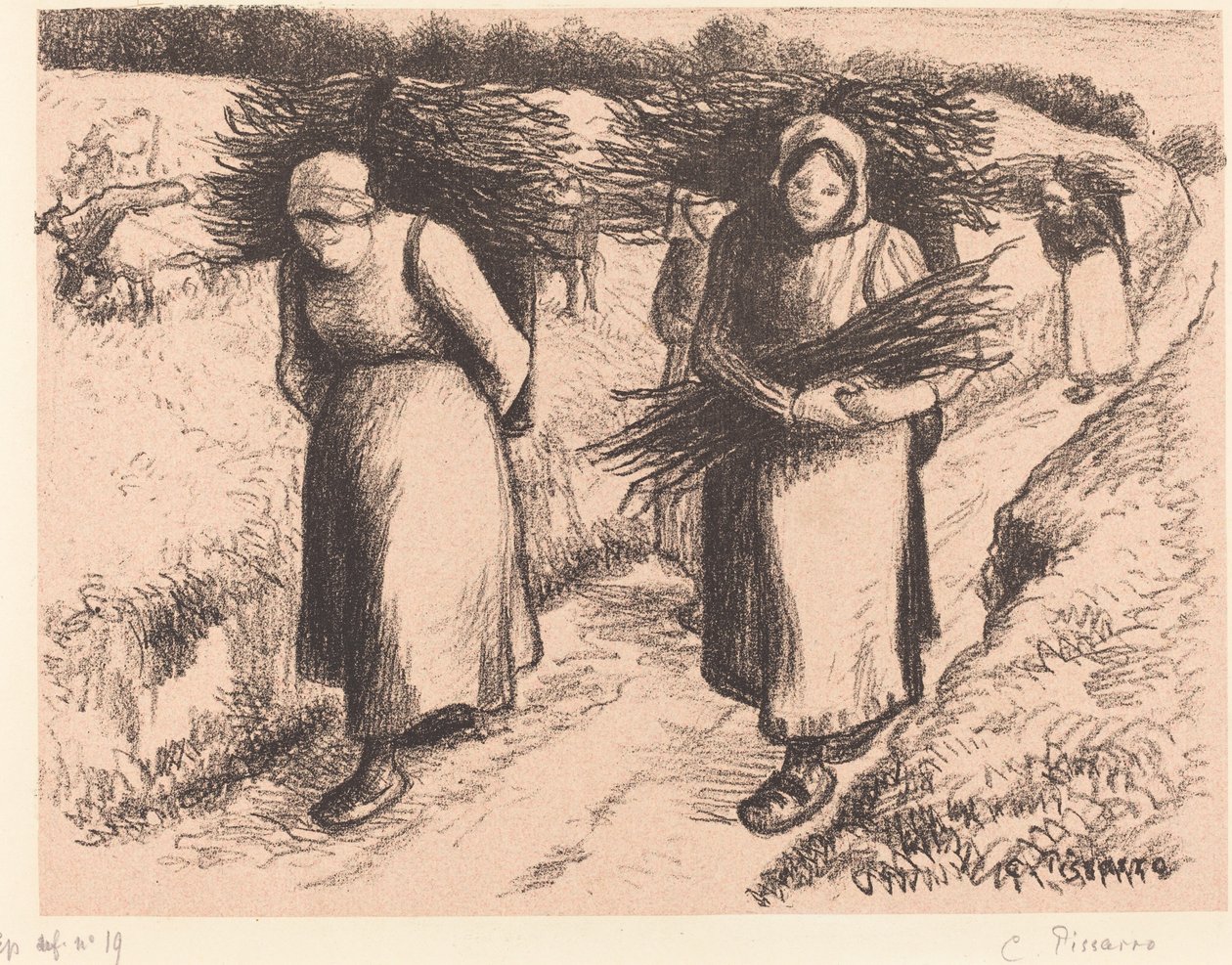 Bäuerinnen, die Stöcke tragen von Camille Pissarro