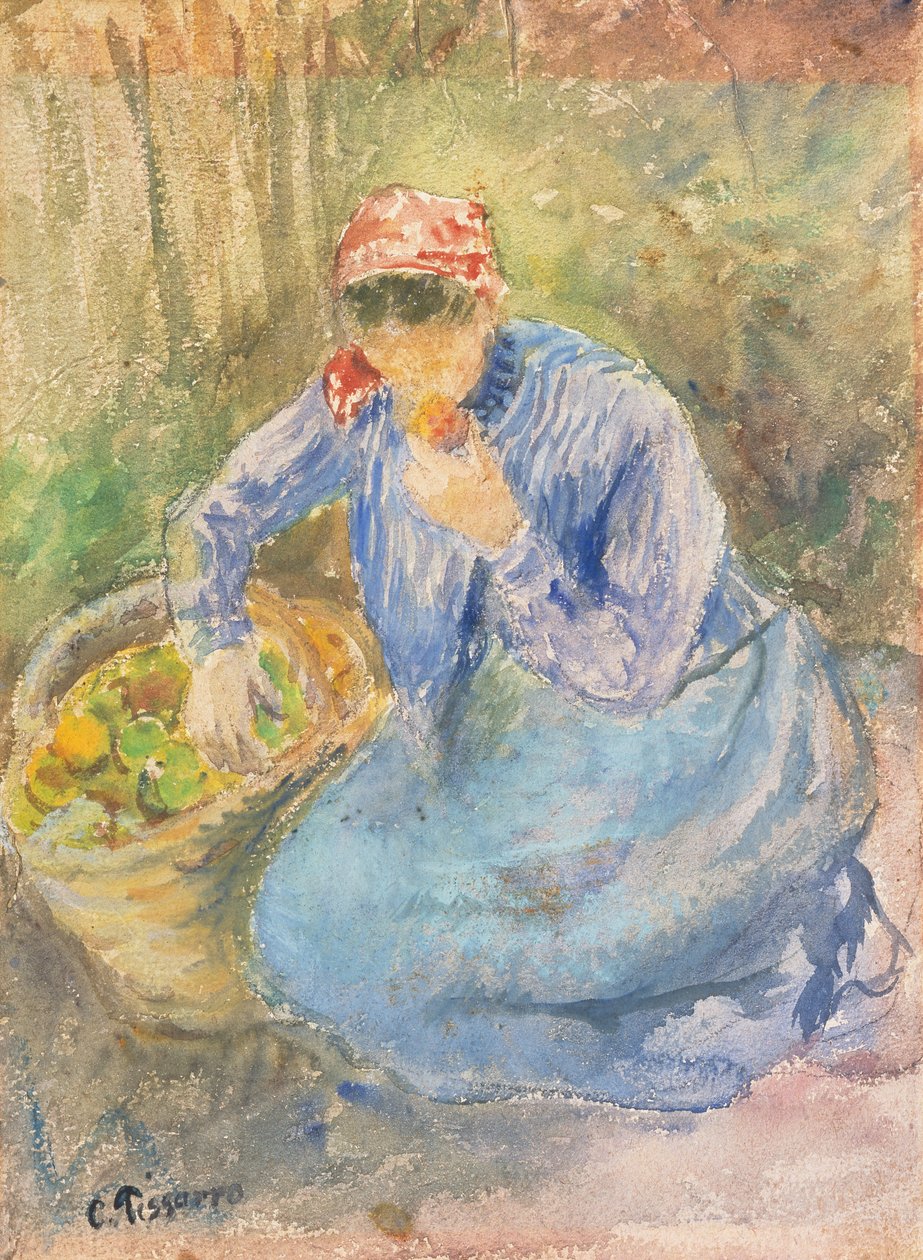 Sitzende Bäuerin mit einem Korb Äpfel von Camille Pissarro