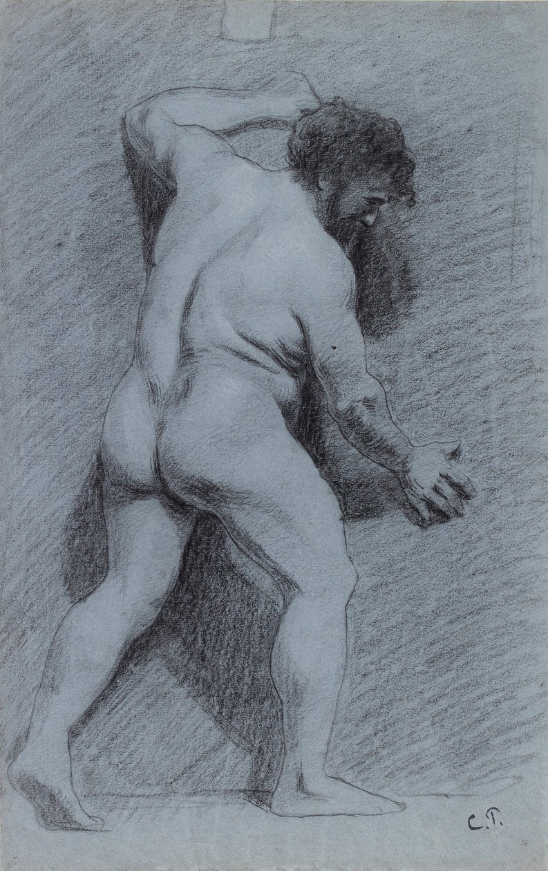 Studie eines männlichen Aktes, der an einer Wand steht und nach rechts schaut, 1856-1860 von Camille Pissarro
