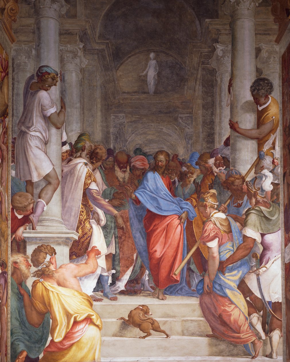 Ehebrecherin vor Christus, Fresko von Camillo Boccaccino (1501-1546) im Presbyterium der Kirche San Sigismondo, Cremona, Italien von Camillo Boccaccino
