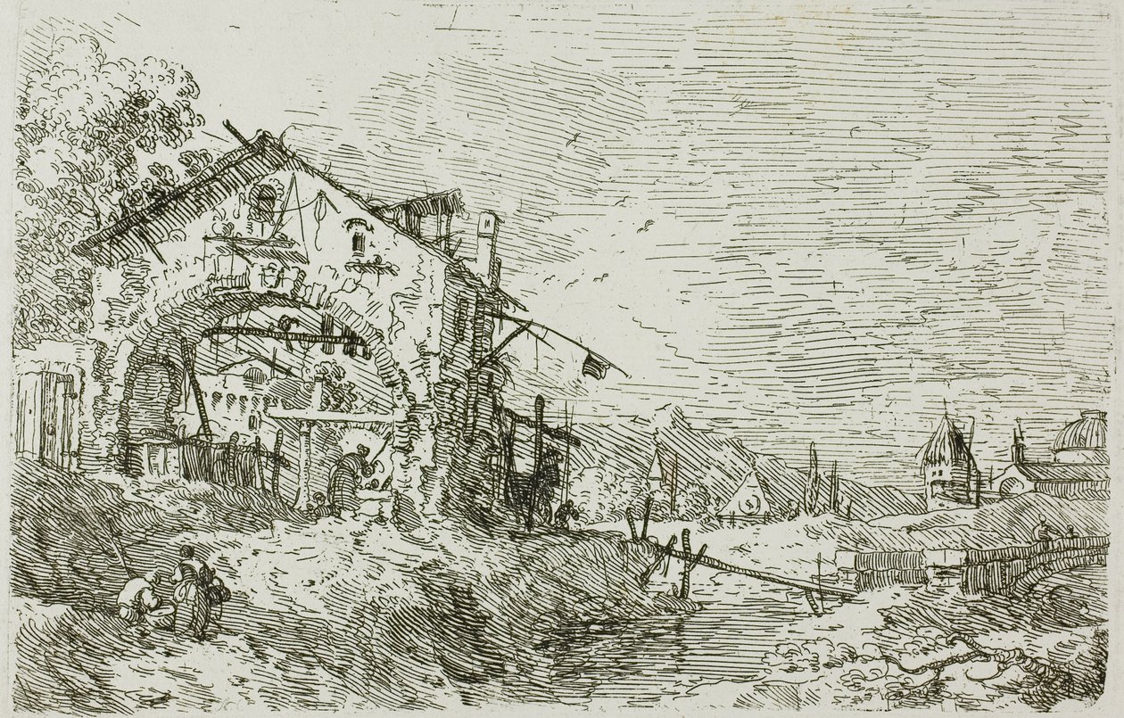 Landschaft mit einer Frau an einem Brunnen, aus Vedute von Canaletto
