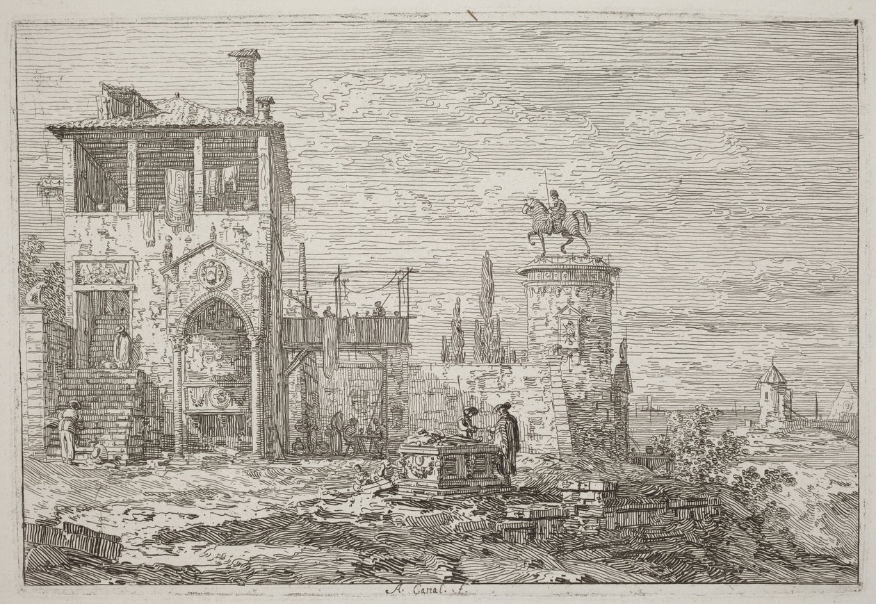 Das Reiterdenkmal [oben rechts] von Canaletto