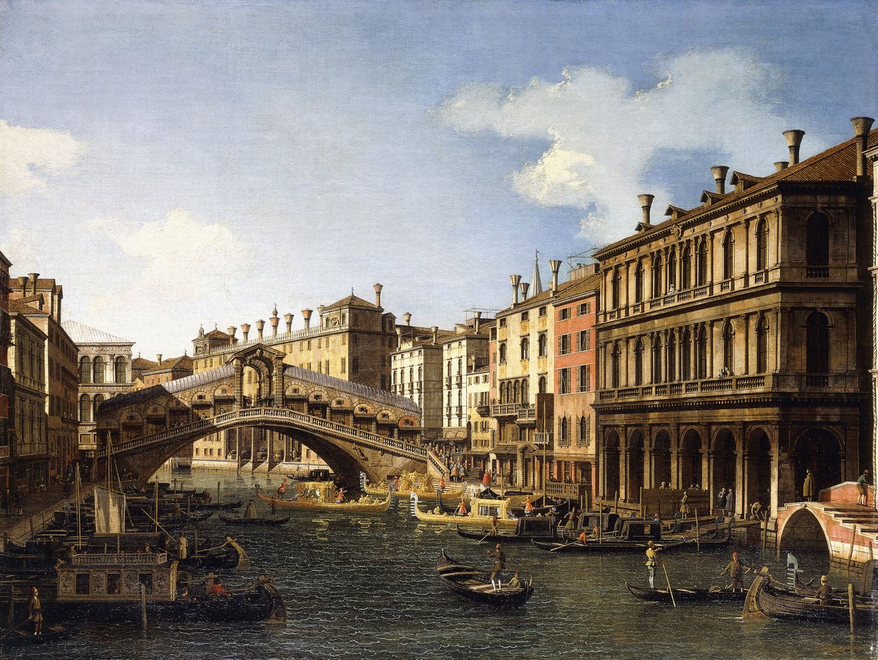 Die Rialtobrücke, Venedig, von Süden mit der Einschiffung des Prinzen von Sachsen während seines Besuchs im Jahr 1740 von Giovanni Antonio Canal