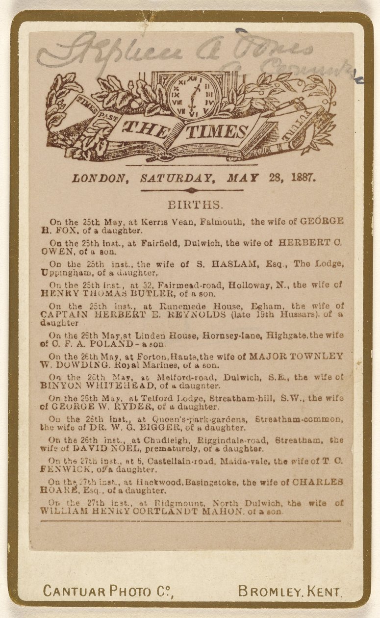 [Geburtsanzeige aus "The Times," London, Samstag, 28. Mai 1887] von Cantuar Photographic Company