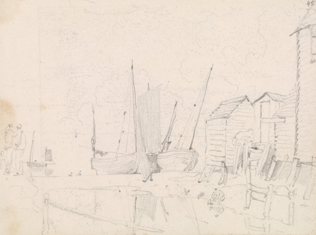 Skizze von gestrandeten Segelbooten und Stelzenhäusern, Hastings von Capt. Thomas Hastings