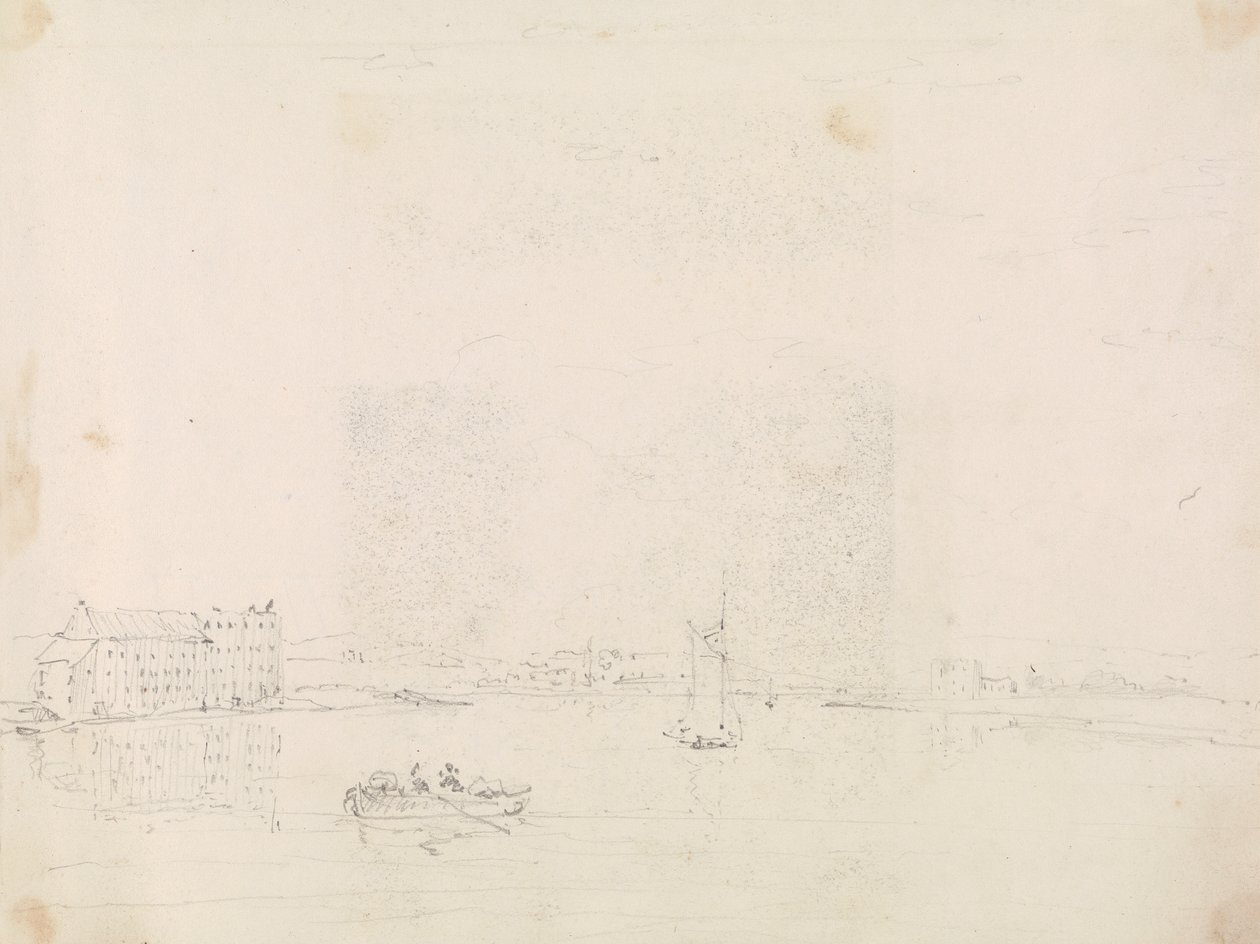 Skizze von Booten und einem großen Gebäude, vom anderen Ufer des Medina-Flusses von Capt. Thomas Hastings