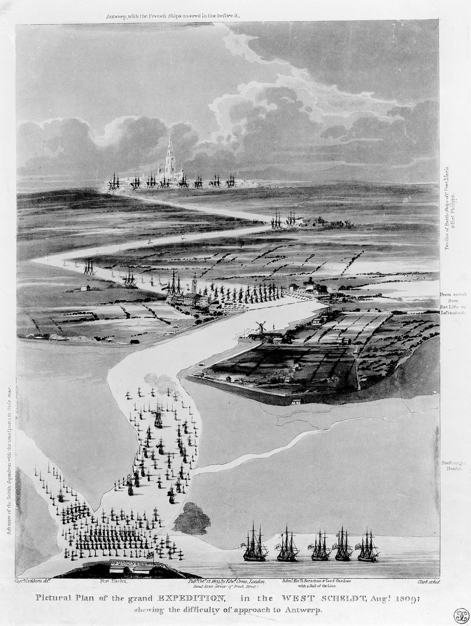 Bildplan der großen Expedition in die Westerschelde, August 1809, der die Schwierigkeit des Zugangs zu Antwerpen zeigt, geätzt von Clark von Captain Cockburn