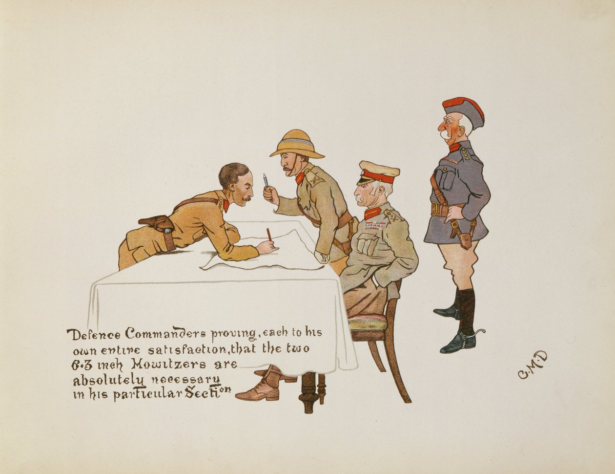 Verteidigungskommandanten beweisen, dass die beiden 6,3-Zoll-Haubitzen in seinem speziellen Abschnitt absolut notwendig sind, aus The Leaguer of Ladysmith, 1900 von Captain Clive Dixon