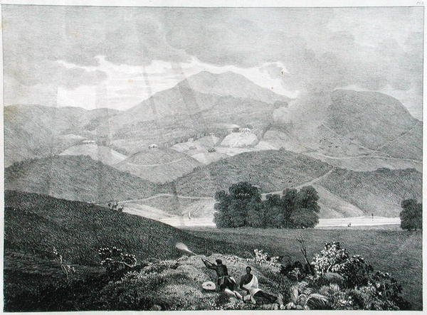 Ansicht eines Teils des Sees und der Cottages in Ottacamund, Neelgherry Mountains, Tafel 3 aus View of the Neilgherries, or Blue Mountains of Coimbetoor, Southern India von Captain McCurdy, veröffentlicht 1830 von Captain E. A. after McCurdy