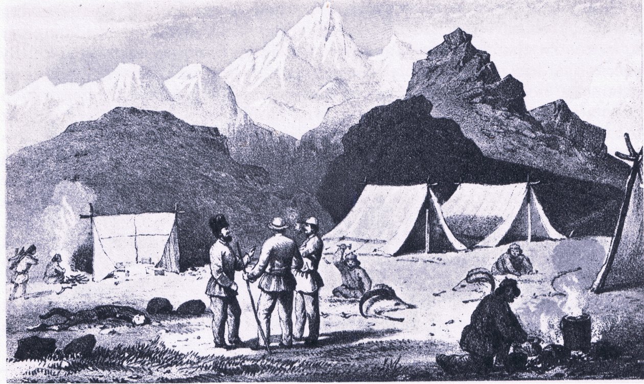 Lager im Himalaya, aus British Adventure, veröffentlicht von Collins von Captain E. P. Campbell
