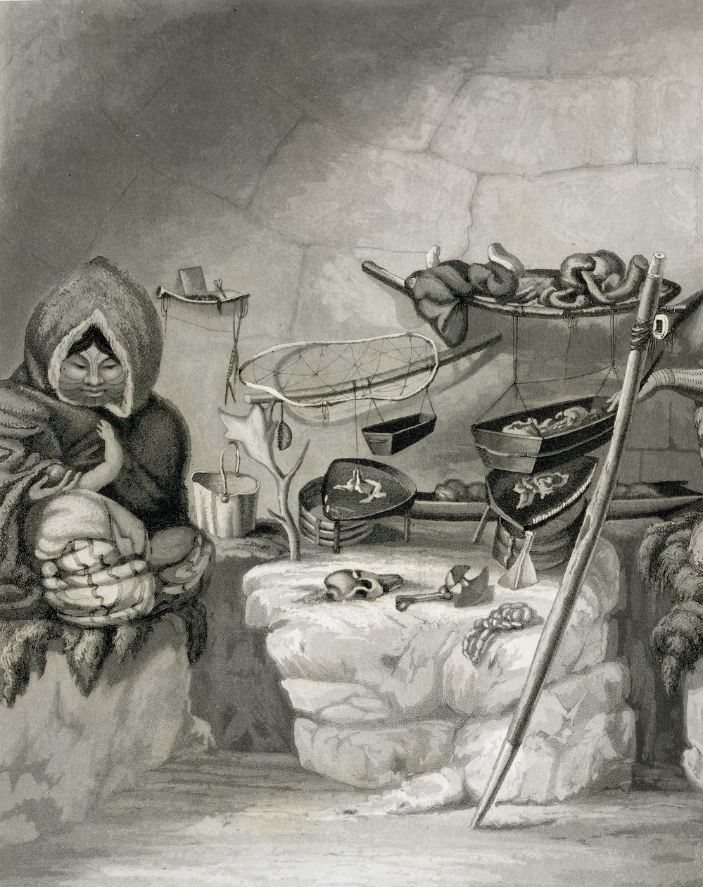 Innenansicht einer Eskimo-Schneehütte, Winter Island 1822, graviert von Edward Francis Finden (1791-1857) veröffentlicht von John Murray, 1824 von Captain George Francis Lyon