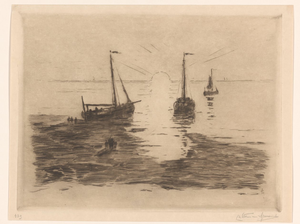 Meereslandschaft mit Segelbooten und Sonnenuntergang von Carel Nicolaas Storm van 