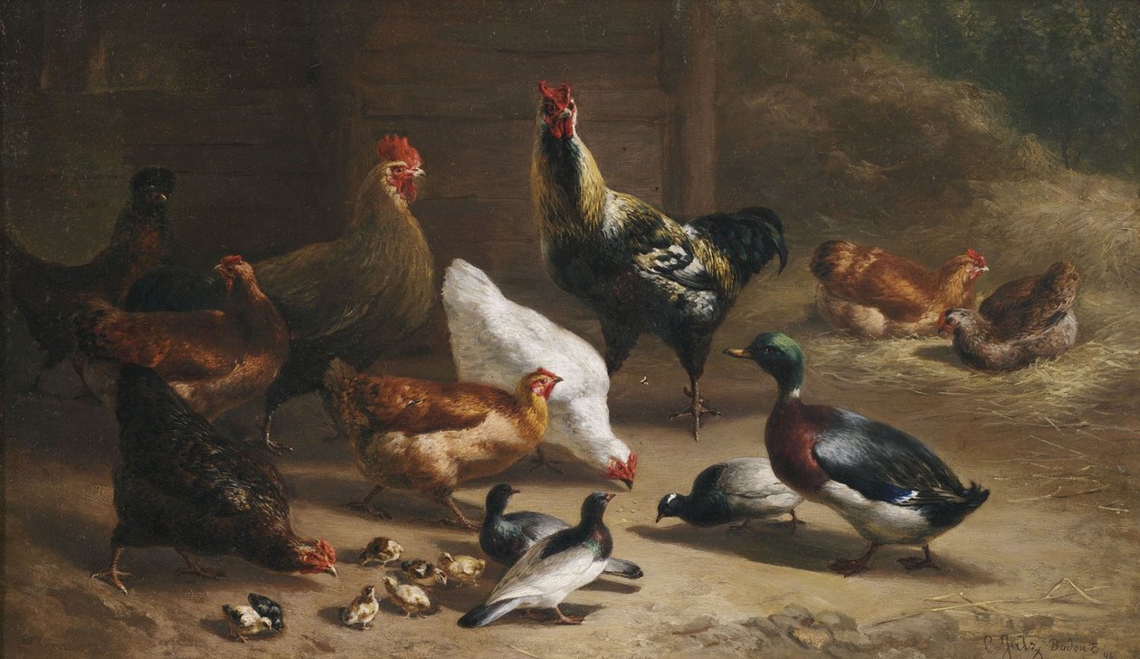 Geflügel im Stallinterieur von Carl Jutz