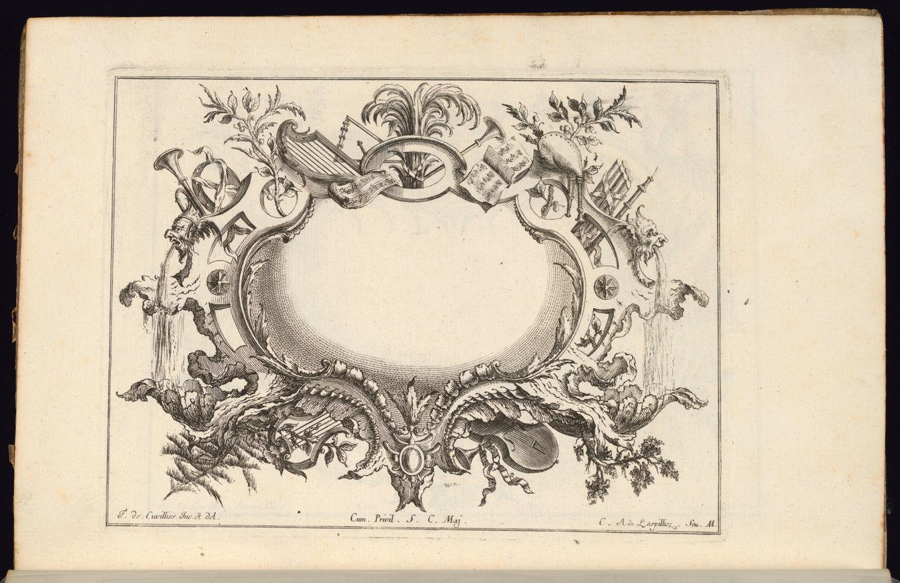 Kartusche mit Musikinstrumenten, Livre de Cartouches Reguliers (Buch der Regulären Kartuschen) von Carl Albert von Lespilliez