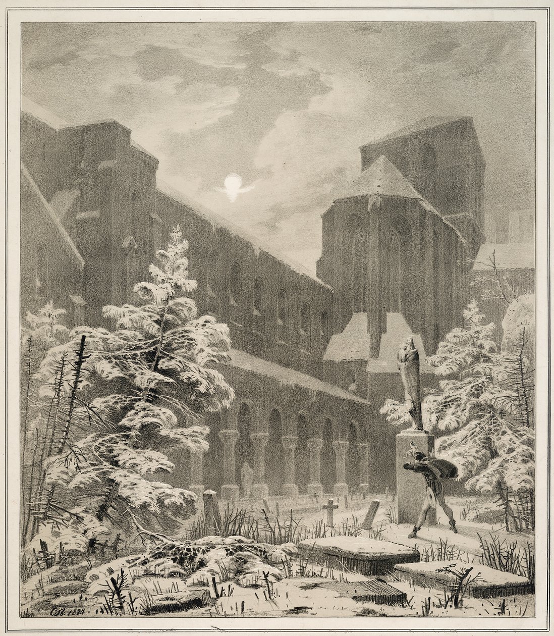 Kirche und Friedhof im Schnee bei Mondlicht von Carl Blechen