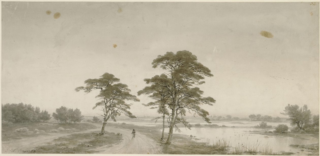 Flache Landschaft mit Wanderer von Carl Friedrich Lessing