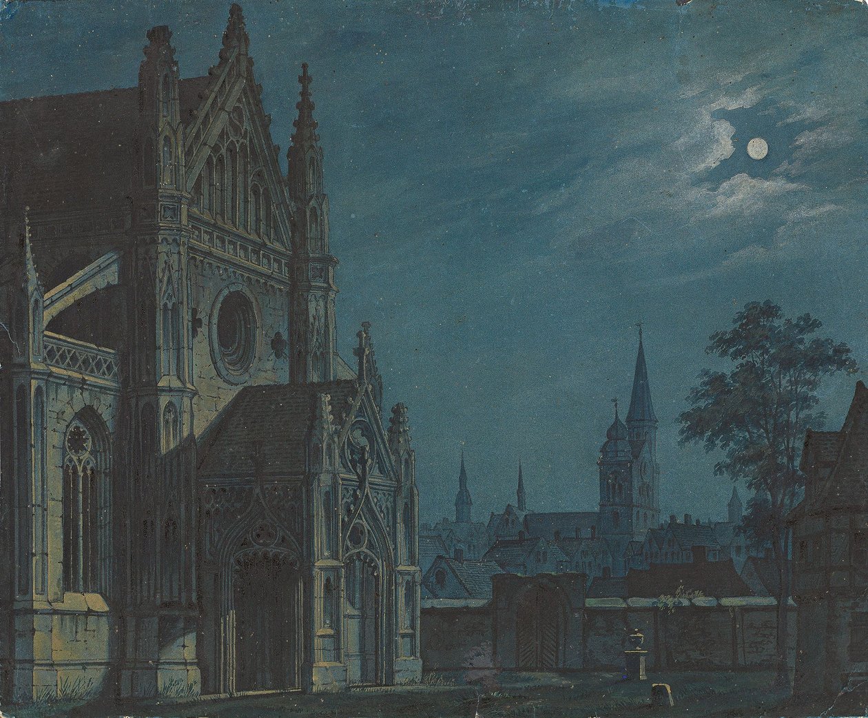 Mondschein über dem Hof einer gotischen Kirche mit reichem Maßwerk / Vorplatz einer gotischen Kirche bei Mondschein von Carl Gustav Carus