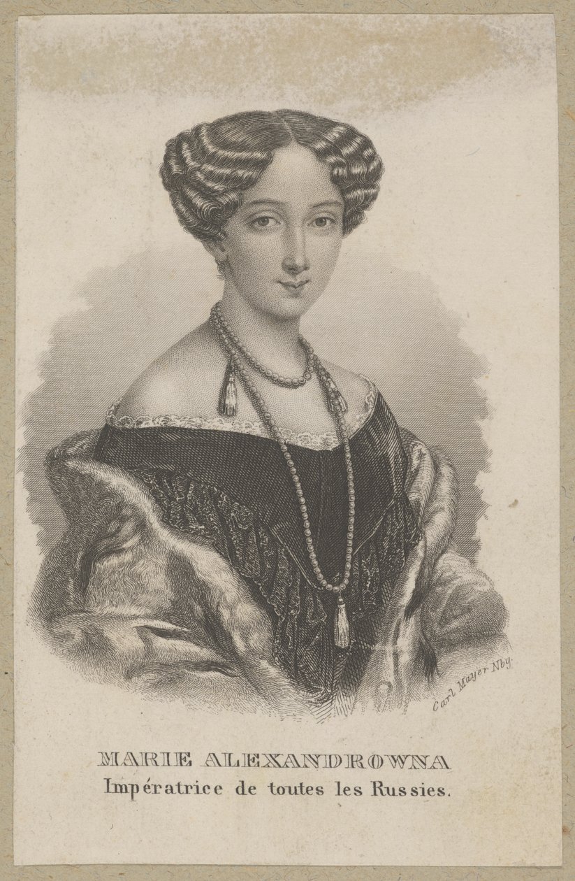 Maria Alexandrowna (geboren als Maximiliana Wilhelmina Maria von Hessen-Darmstadt, 1824 Darmstadt - 1880 Petersburg) – jüngste Tochter von Ludwig II. von Hessen und Wilhelmine von Baden, Herzogin von Hessen, Kaiserin von Russland als Ehefrau von Zar Alexan von Carl Mayer