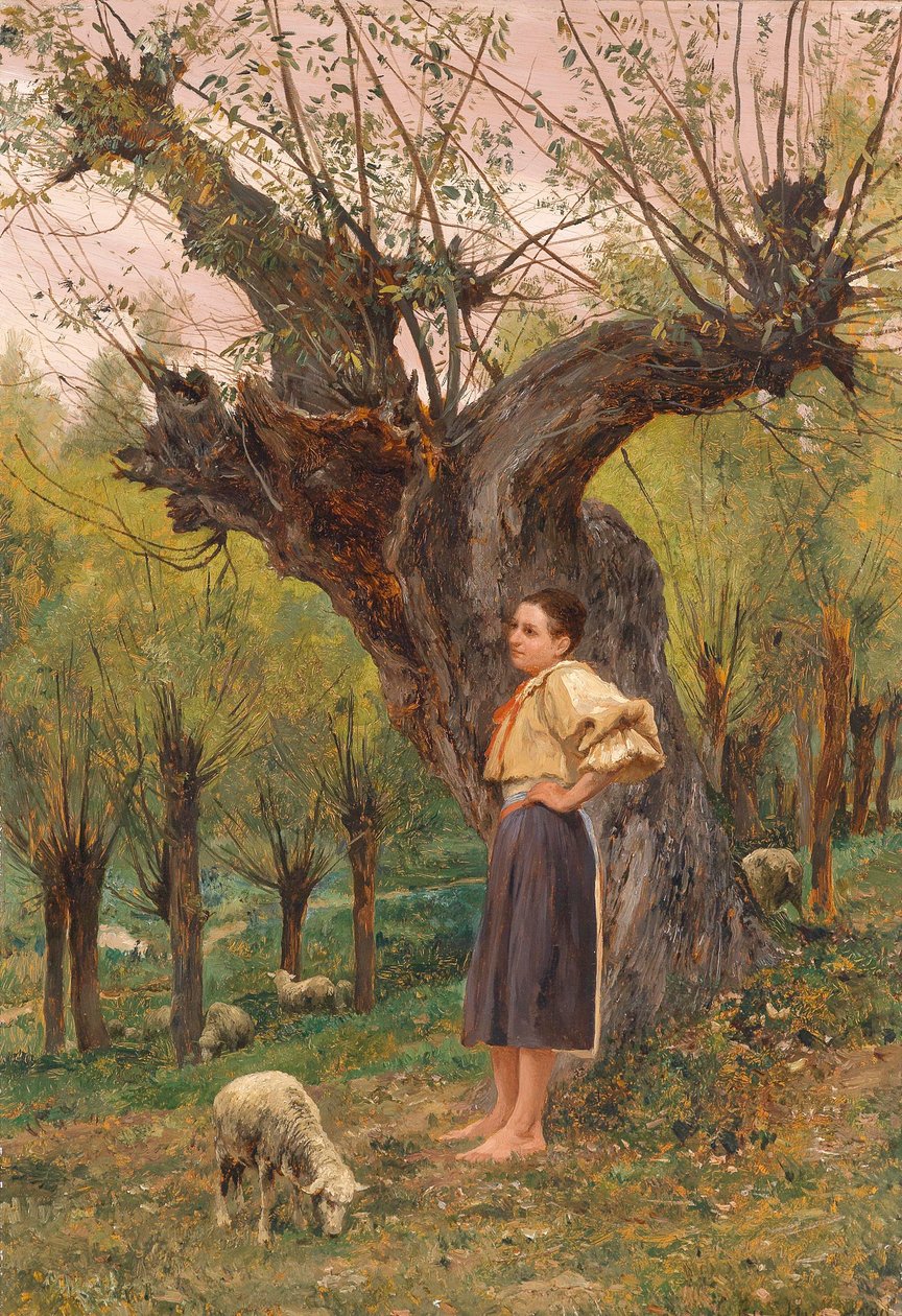 Junges Mädchen vor einer Weide stehend von Carl Rudolf Huber