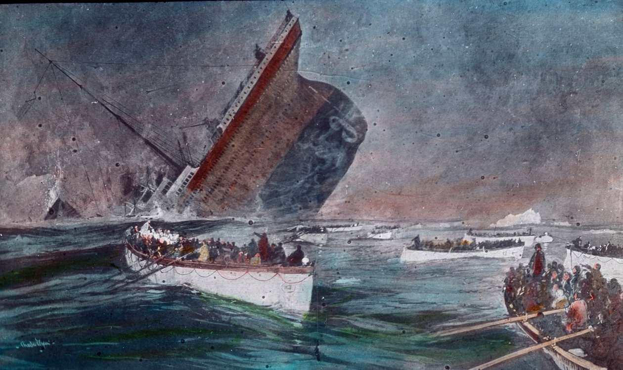 Die Jungfernfahrt der Titanic 1912 - der Untergang der Titanic - Rettungsboote mit Überlebenden der Titanic-Katastrophe, Illustration von Carl Simon
