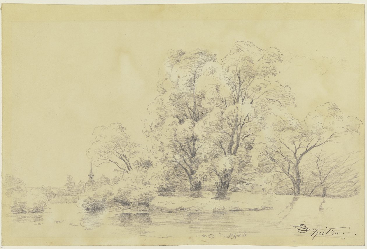 Landschaft mit Bäumen am Wasser, in der Ferne der Turm einer Dorfkirche von Carl Spitzweg